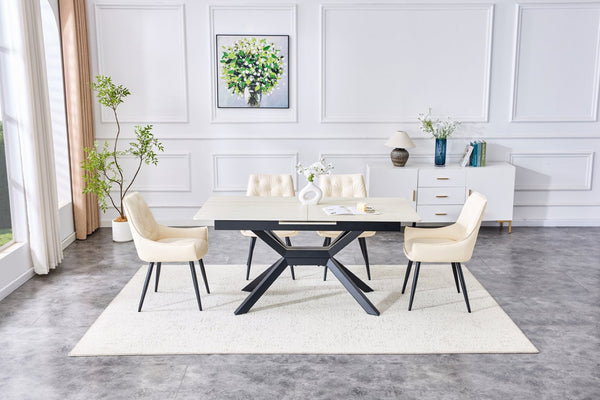 English Elm Contemporary Sintered Stone Extendable Dining Set with Tufted Faux Leather Chairs W3493S00017