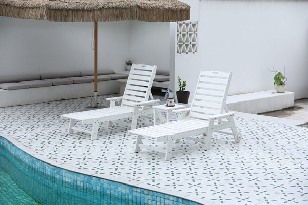 English Elm Lounge HDPE 3-Piece Oversized Chaise Set with Side Table, 5-Position Recline, Wheels, Cup Holders White W2103P254668