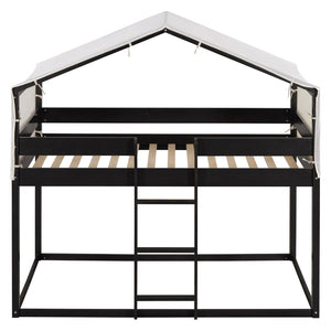 English Elm Twin Over Kids Bunk Bed with Tent Canopy Farmhouse Pinewood Playroom Frame Espresso N708P248523P