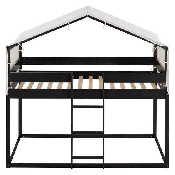 English Elm Twin Over Kids Bunk Bed with Tent Canopy Farmhouse Pinewood Playroom Frame Espresso N708P248523P