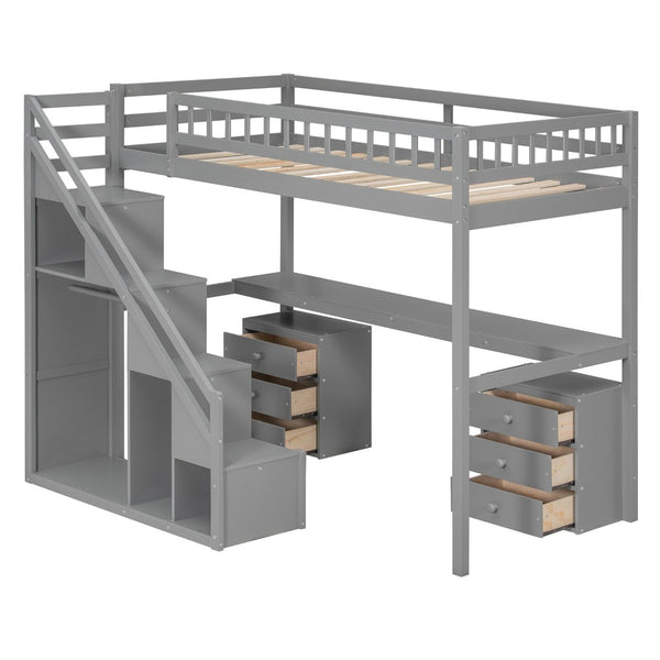 English Elm Twin Loft Bed with Staircase Desk Dual Drawers and Led Strip for Kids Rooms Gray LT000257AAE-1