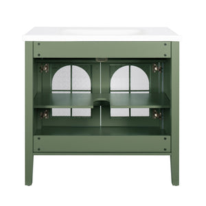 English Elm 35.6" Freestanding Bathroom Vanity with Roman Column Base and Ceramic Integrated Sink Green W1801S00014