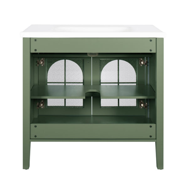 English Elm 35.6" Freestanding Bathroom Vanity with Roman Column Base and Ceramic Integrated Sink Green W1801S00014