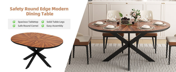 English Elm 47.2"-63" Extendable Round Dining Table Solid Wood Parquet Top Seats Six Walnut W3587S00002