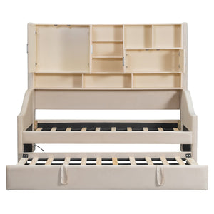 English Elm Twin Upholstered Daybed with LED Armrest Lighting, Hidden Storage Shelves & Lift-Up Pull-Out Trundle Beige SF000198AAA