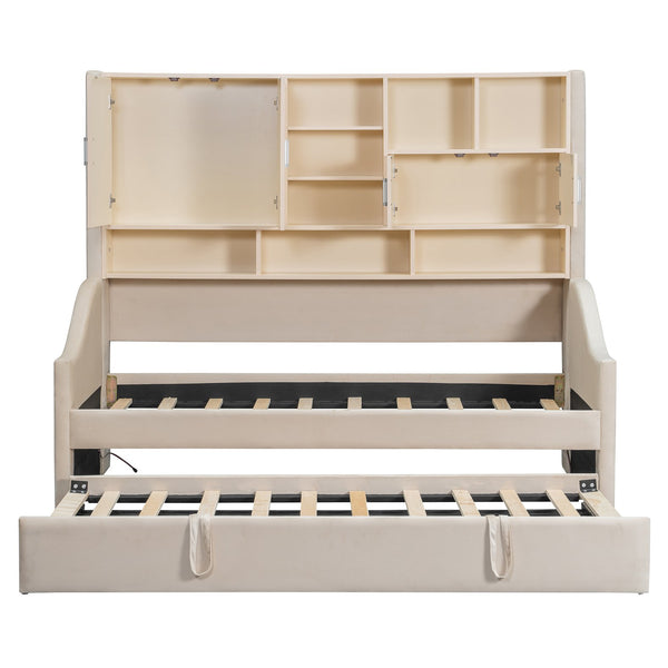 English Elm Twin Upholstered Daybed with LED Armrest Lighting, Hidden Storage Shelves & Lift-Up Pull-Out Trundle Beige SF000198AAA