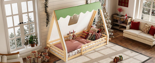 English Elm Twin Montessori Floor Bed Solid Pine Teepee Frame with Guardrails and Canopy Light W1580P369466