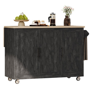 English Elm K&K Farmhouse Kitchen Island with Geometric Twill Doors, ASH Bark Top, Drop Leaf & Lockable Wheels Black N707P221444B