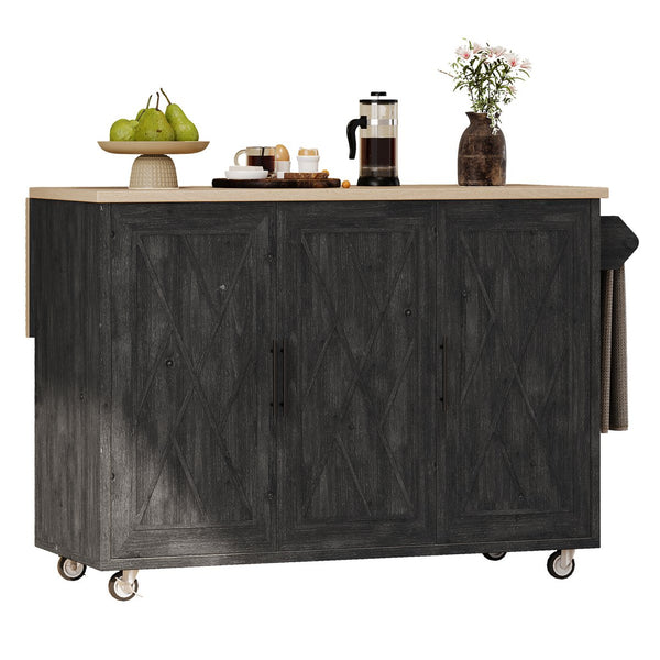 English Elm K&K Farmhouse Kitchen Island with Geometric Twill Doors, ASH Bark Top, Drop Leaf & Lockable Wheels Black N707P221444B
