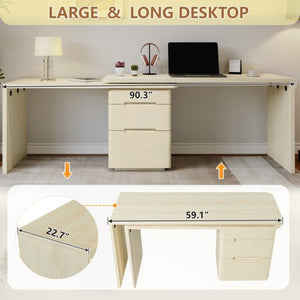 English Elm 90" Rotating L-shape Executive Desk Natural Melamine Mdf Surface Three Drawers Home Office Natural Wood N751S383638K