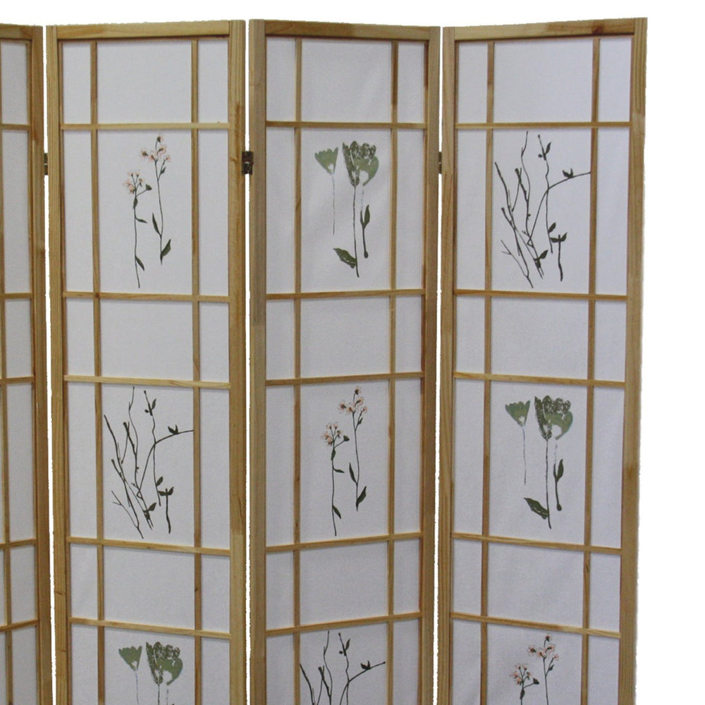 English Elm 70" Tall 4-Panel Shoji Room Divider – Elegant Natural Wood Folding Screen With Floral Design Accent B072115967