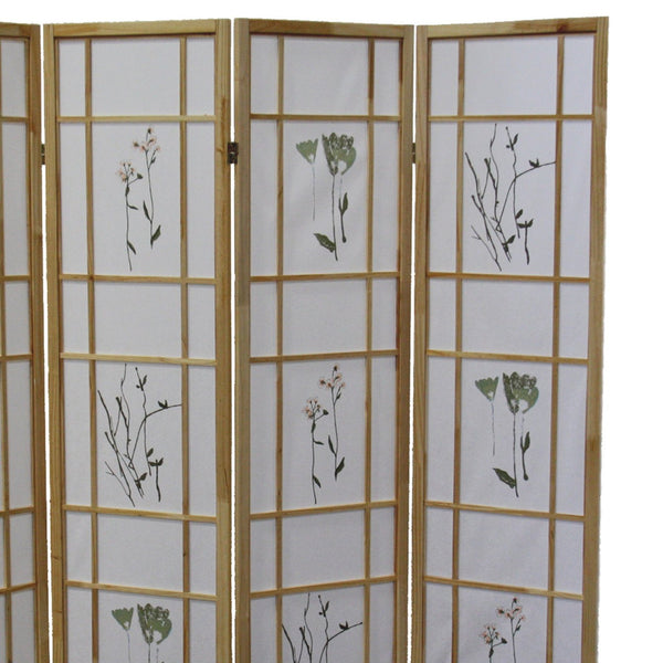 English Elm 70" Tall 4-Panel Shoji Room Divider – Elegant Natural Wood Folding Screen With Floral Design Accent B072115967