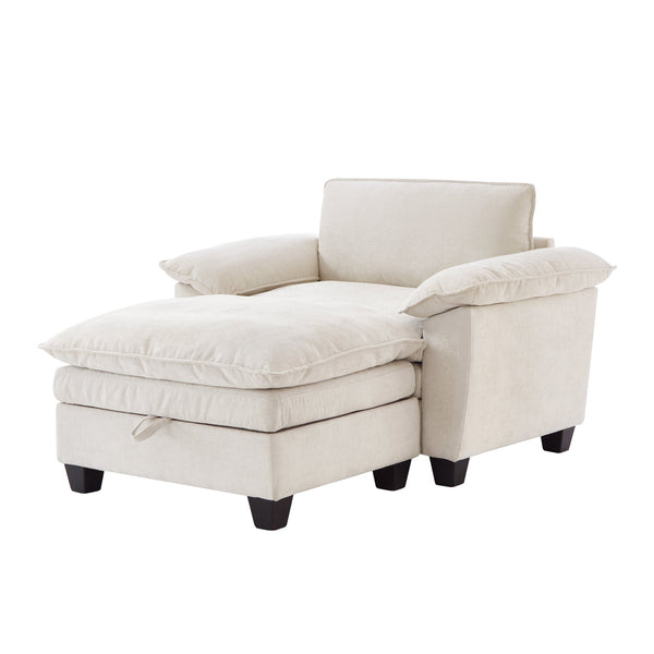 English Elm 51" Oversize Chaise Lounge Chair with Ottoman and Hidden Storage Upholstered in Soft Chenille Comfort Beige W1097S00152