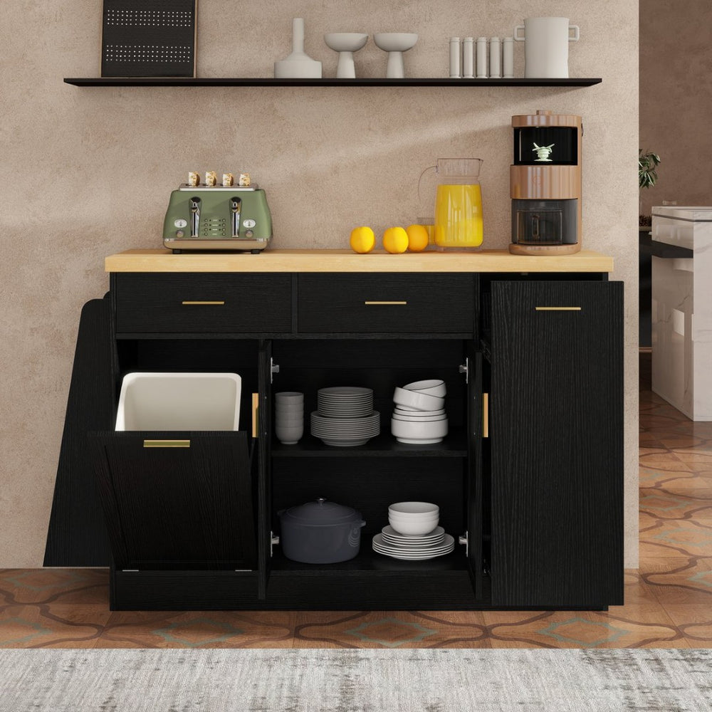 English Elm Trexm Farmhouse Kitchen Sideboard with Hidden Trash Cabinet and Built-in Spice Rack Black XW000027AAB