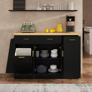 English Elm Trexm Farmhouse Kitchen Sideboard with Hidden Trash Cabinet and Built-in Spice Rack Black XW000027AAB