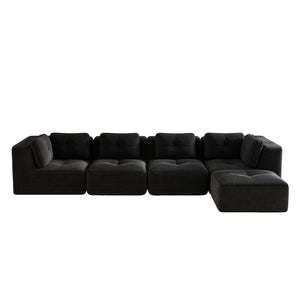 English Elm Modern Corduroy Sectional Sofa with Movable Ottoman Deep Seat Tufted Living Room Couch Black W714S01793
