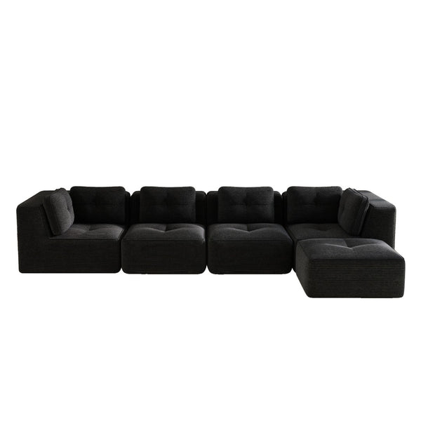 English Elm Modern Corduroy Sectional Sofa with Movable Ottoman Deep Seat Tufted Living Room Couch Black W714S01793