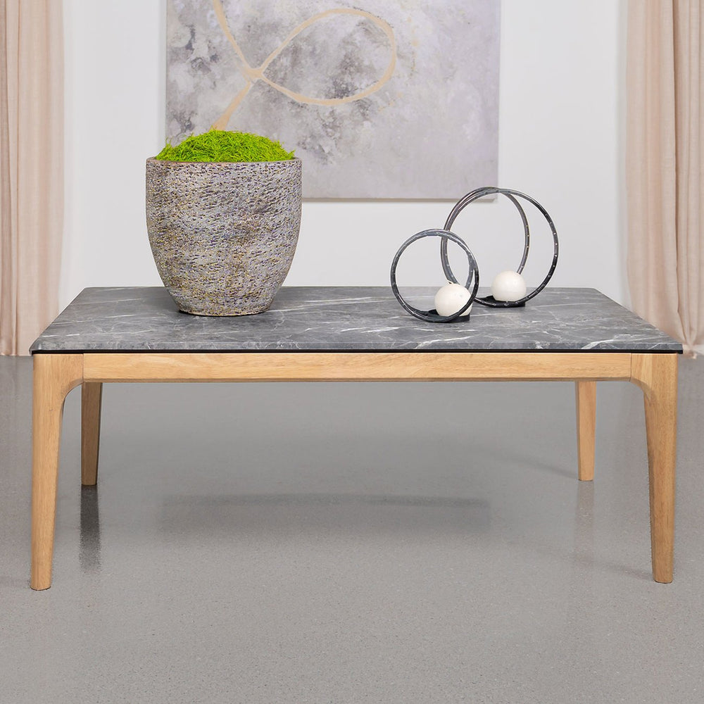 English Elm Rectangular Mid-Century Faux Marble Coffee Table in Grey & Light Oak — Sleek HPL Surface, Earthy Base B016P372991
