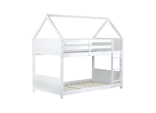 English Elm Twin Over Twin House Bunk Bed With Guardrails, Ladder & Cozy Floor Bed - White Rubberwood Design W504P227938-GIGA