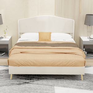English Elm Suede Tufted Platform Bed Full Size Upholstered Headboard for Restful Bedroom Retreat Beige W1935P361016