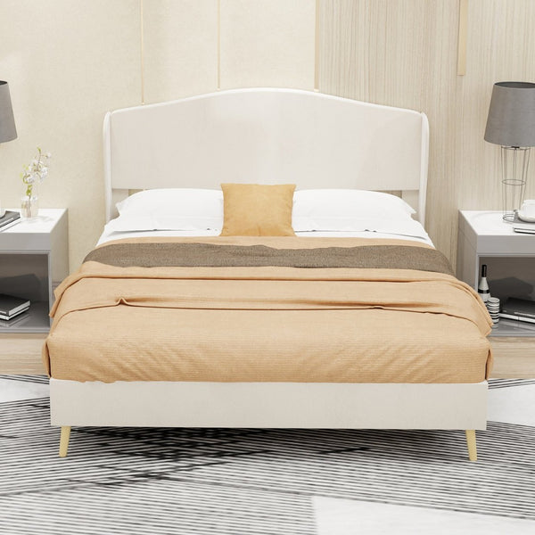 English Elm Suede Tufted Platform Bed Full Size Upholstered Headboard for Restful Bedroom Retreat Beige W1935P361016