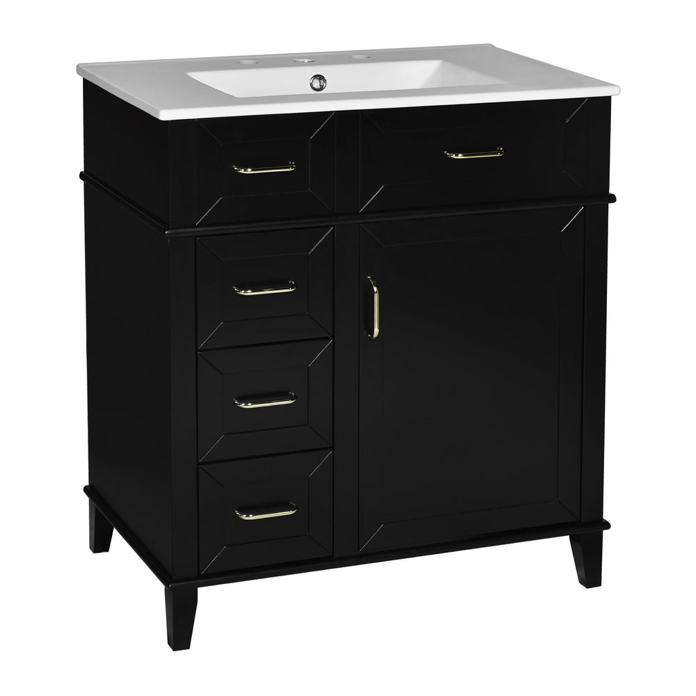 English Elm 30-Inch Bathroom Vanity with Ceramic Sink, Gold Handles, Solid Wood Frame and Soft-Close Drawers Black N729P195052B