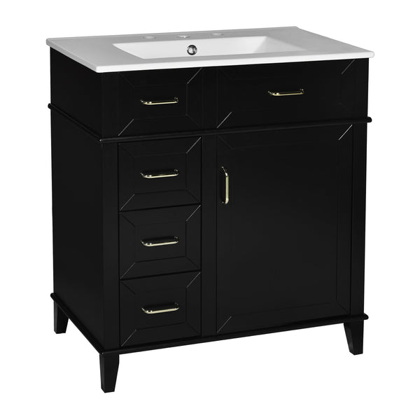 English Elm 30-Inch Bathroom Vanity with Ceramic Sink, Gold Handles, Solid Wood Frame and Soft-Close Drawers Black N729P195052B