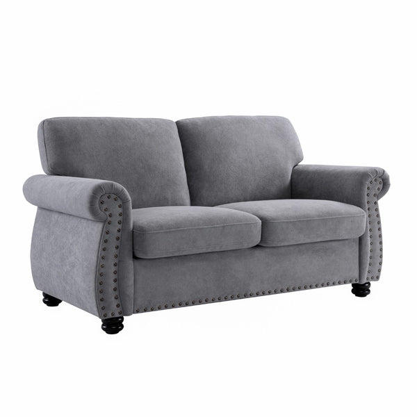 English Elm Soft Velvet Upholstered Loveseat with Turned Wood Legs Nailhead Trim Mid-century Style Grey B2735P292311