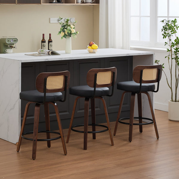 English Elm Set of 3 Rattan Counter Stools with Cane Back and Swivel, Upholstered PU Seat, Walnut Finish, Ergonomic Comfort Black W1143P300159