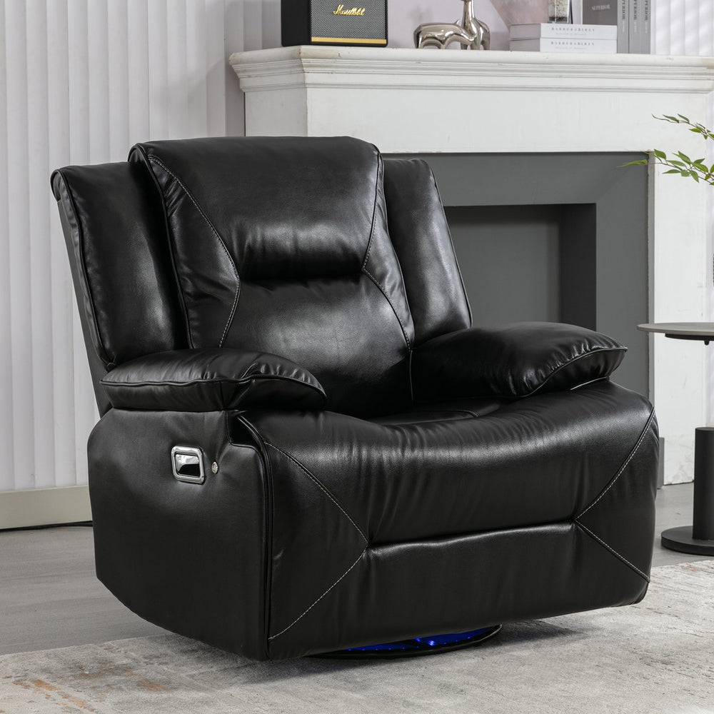 English Elm 360° Swivel Rocking Home Theater Recliner Chair with LED Light Strip, Leather Gel, Ergonomic Comfort Black WF323621AAB