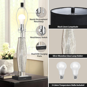 English Elm Table Rustic Farmhouse Bedside Lamps Set of 2 with Nightlight, 4-Way Rotary Switch, Linen Shade LED Black W3355P391317