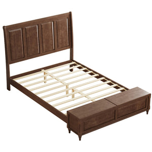 English Elm Queen Sleigh Bed Solid Rubberwood Walnut Finish Curved Headboard Footboard Storage Bench W1716S00034