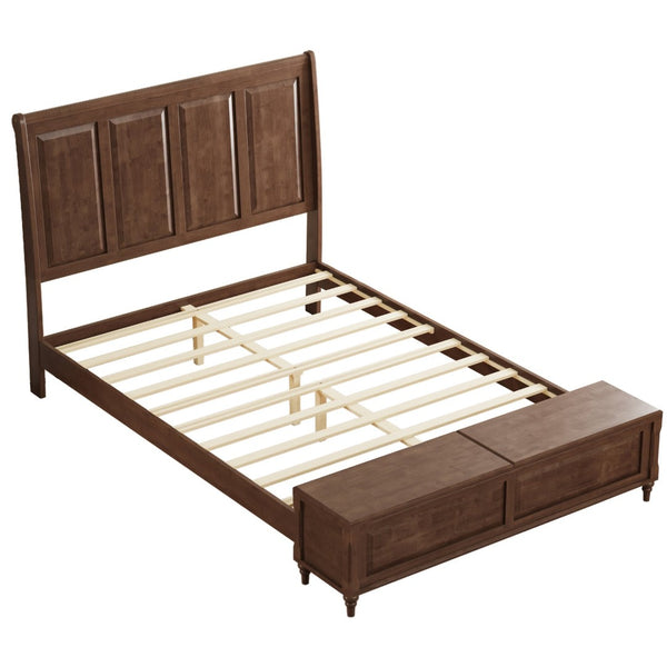 English Elm Queen Sleigh Bed Solid Rubberwood Walnut Finish Curved Headboard Footboard Storage Bench W1716S00034