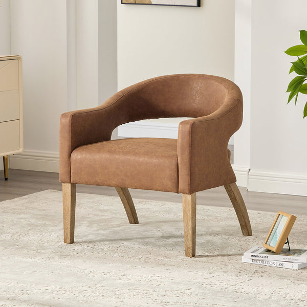 English Elm Modern Upholstered PU Open Back Accent Armchair with Weathered Rubberwood Legs and Foam Seat Comfort Brown W3118P307510