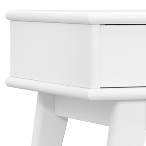 English Elm Draper Mid Century End Table White Solid Rubberwood 22"H | Drawer with Antique Brass Pull, Tapered Legs B136P203447