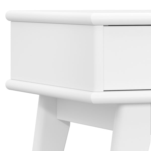 English Elm Draper Mid Century End Table White Solid Rubberwood 22"H | Drawer with Antique Brass Pull, Tapered Legs B136P203447