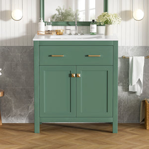 English Elm 30-inch Modern Bathroom Vanity with Ceramic Sink, Gold Accents, Solid Wood Frame, Soft-Close Doors and Ample Storage Green WF324045AAF