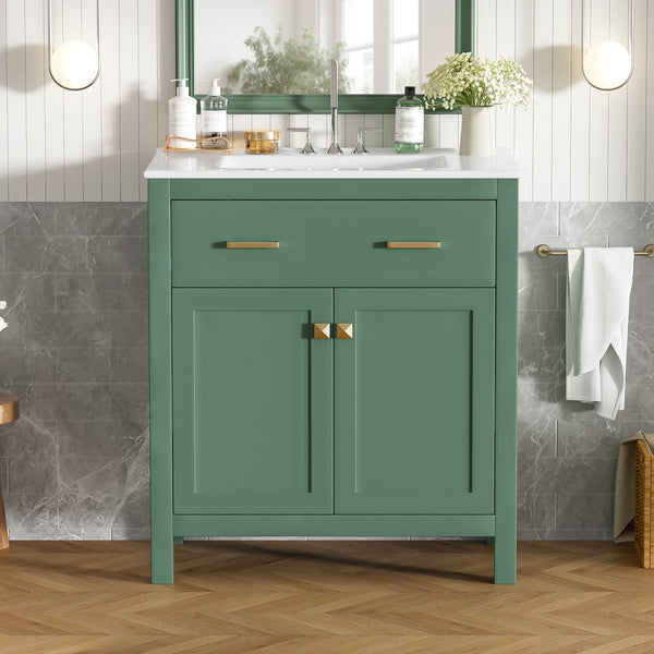English Elm 30-inch Modern Bathroom Vanity with Ceramic Sink, Gold Accents, Solid Wood Frame, Soft-Close Doors and Ample Storage Green WF324045AAF