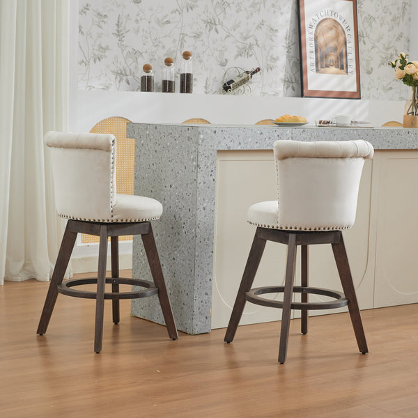 English Elm 26" Plush Velvet Swivel Counter Stools Set of 2 with Tufted Back, High-Res Foam & Sturdy Wood Legs Beige W1143P362518