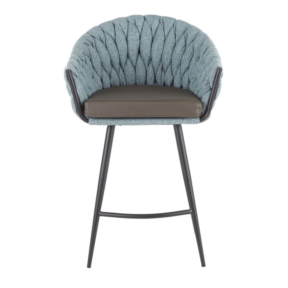 English Elm Braided Matisse Contemporary Counter Stool - Grey Faux Leather & Blue Fabric, Black Metal Frame, Braided Style B202P221807
