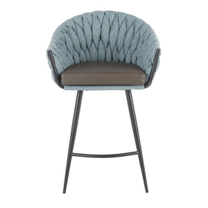 English Elm Braided Matisse Contemporary Counter Stool - Grey Faux Leather & Blue Fabric, Black Metal Frame, Braided Style B202P221807