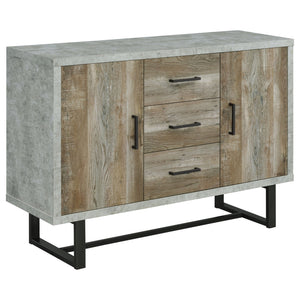 English Elm Sedona Weathered Oak Accent Cabinet with Faux Cement Frame, 3 Drawers, Shelves, Gunmetal Legs B062P351425