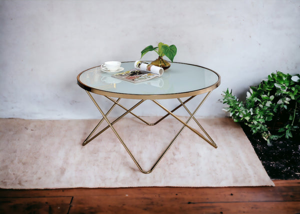 English Elm Valora Frosted Glass Top Coffee Table with Overlapped V Metal Base, Modern Elegant Centerpiece Champagne 39 L x 38 W x 5 H B2726P251274