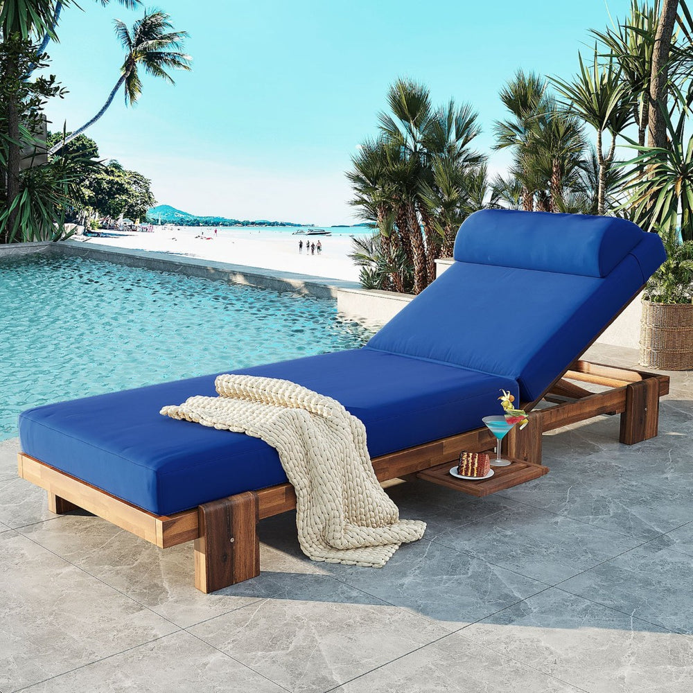 English Elm U_style Acacia Wood Outdoor Chaise Lounge with Retractable Tray and Padded Headrest Navy Blue WY000473AAC
