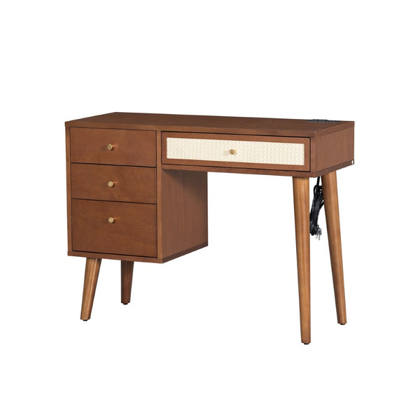 English Elm 39" Bohemian Walnut Vanity Set with Rattan Drawers Built-in Usb Ports and Cushioned Stool N733P180011D