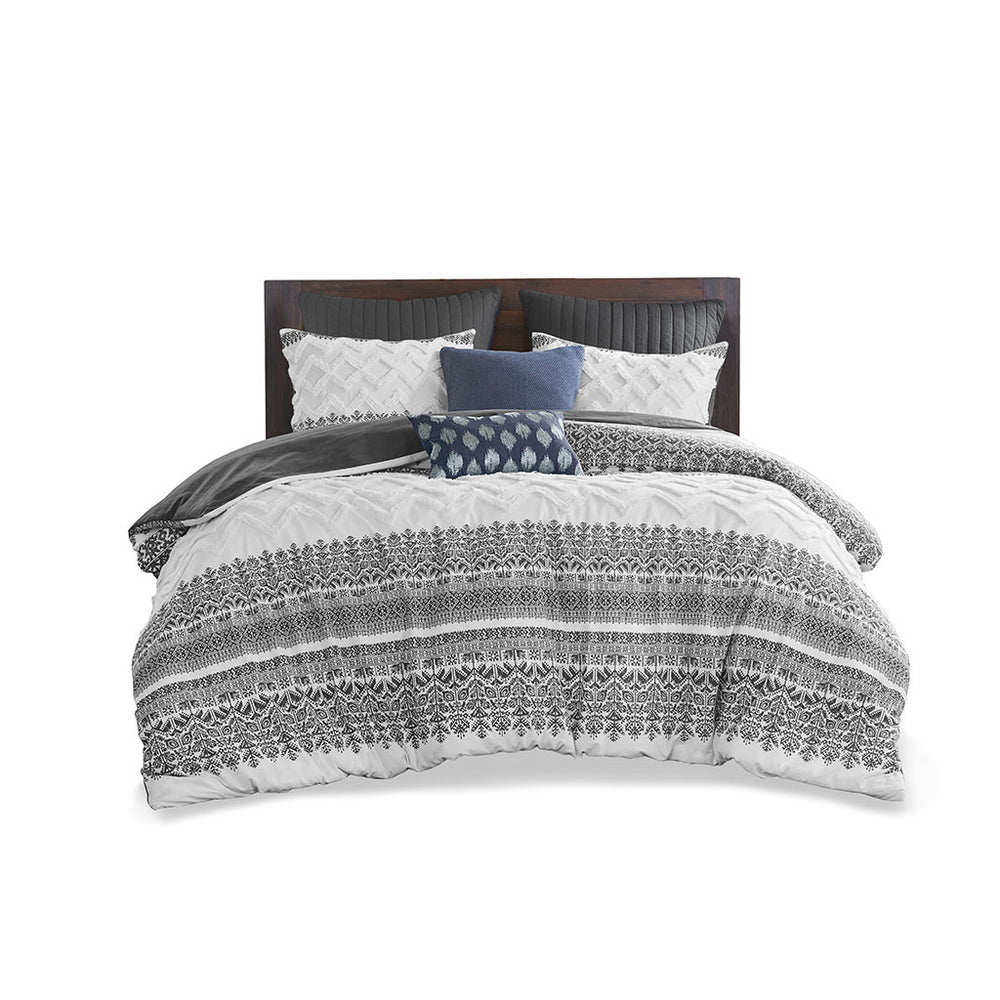 JLA Home INK+IVY - 3 Cotton Duvet Cover Set Mila — Tufted Chevron Chenille, Gray Botanical Print, Reversible Styling and Easy Care 92 L x 104 W x 0.13H II12-1251