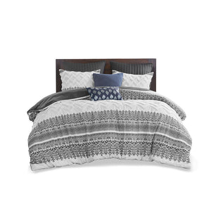 JLA Home INK+IVY - 3 Cotton Duvet Cover Set Mila — Tufted Chevron Chenille, Gray Botanical Print, Reversible Styling and Easy Care 92 L x 104 W x 0.13H II12-1251