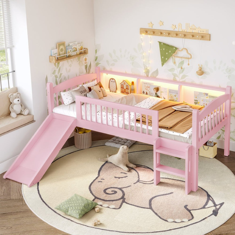 English Elm Twin Xl Solid Pine Loft Bed with Built-in Led Lighting and Storage Shelves Pink W1580S00365