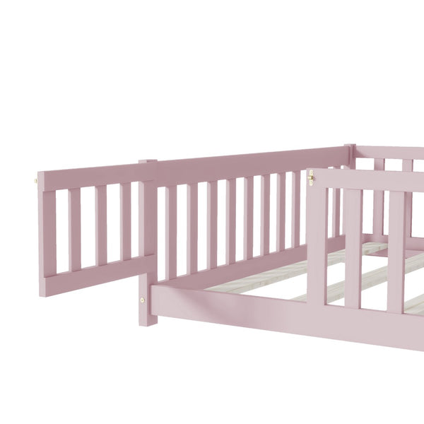 English Elm Twin Solid Rubberwood Floor Bed with Full Perimeter Safety Rails for Toddler Rooms Pink W504P296791