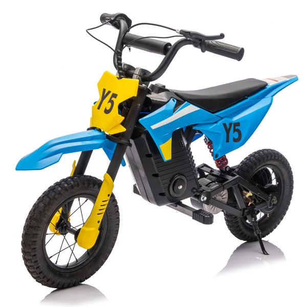 English Elm 24v 250w Kids Off-road Electric Motorcycle with Led Lights Bluetooth and Rear Suspension Blue W1578P203980